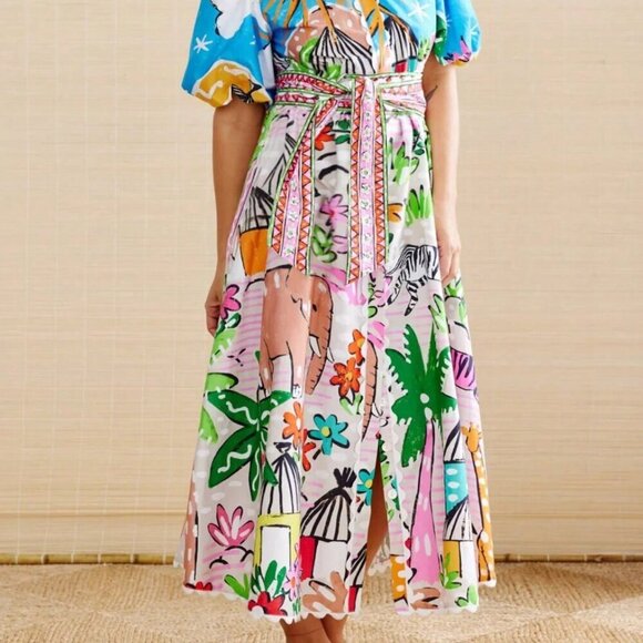 Boho Women's vacay Tropical Plant Print V-Neck Short Puff Sleeve maxi dress - Picture 3 of 8